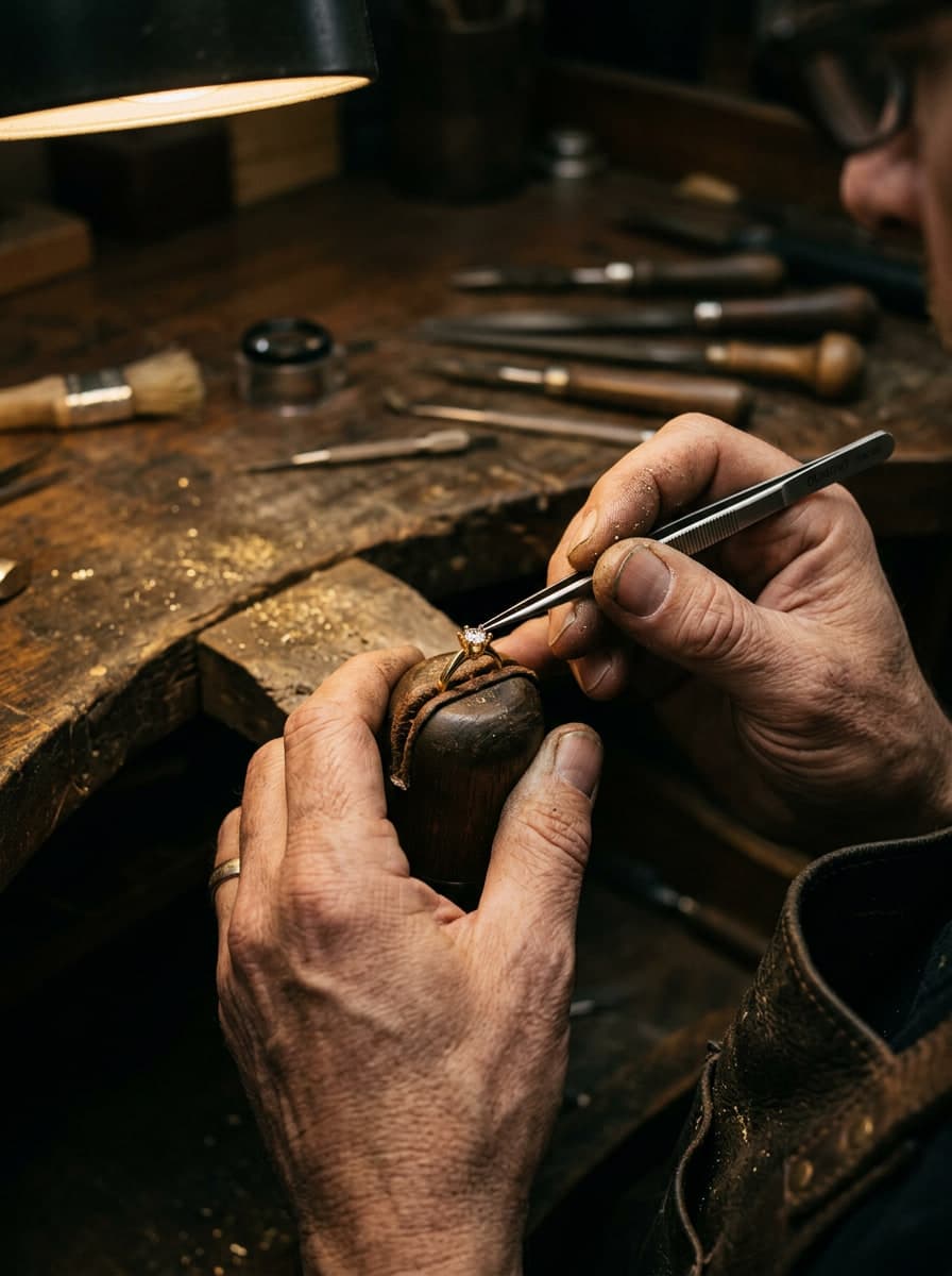 A goldsmith's hands setting a round diamond into a gold ring at a worn wooden bench