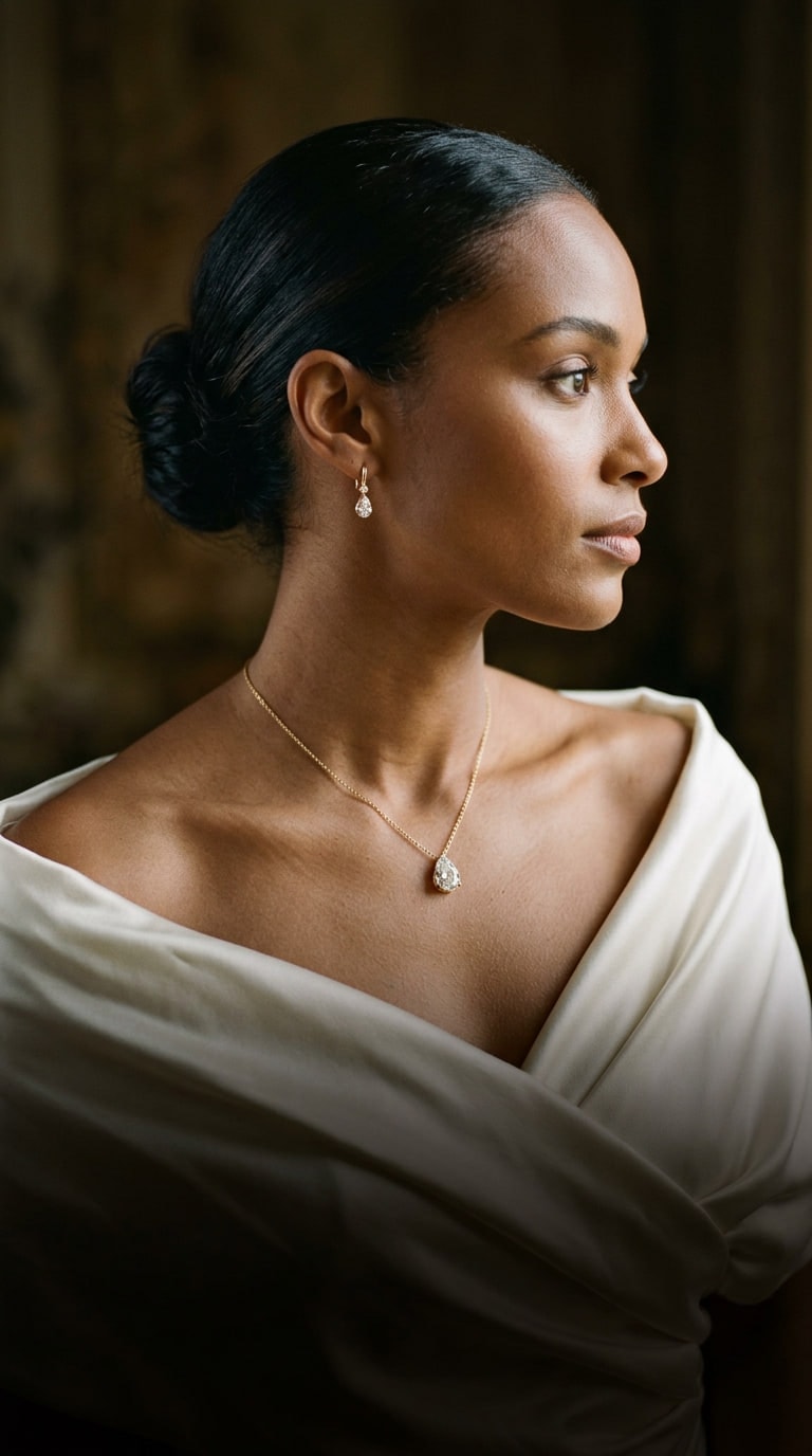 A woman in profile by a window, wearing a pear-shaped diamond pendant and a gold drop earring